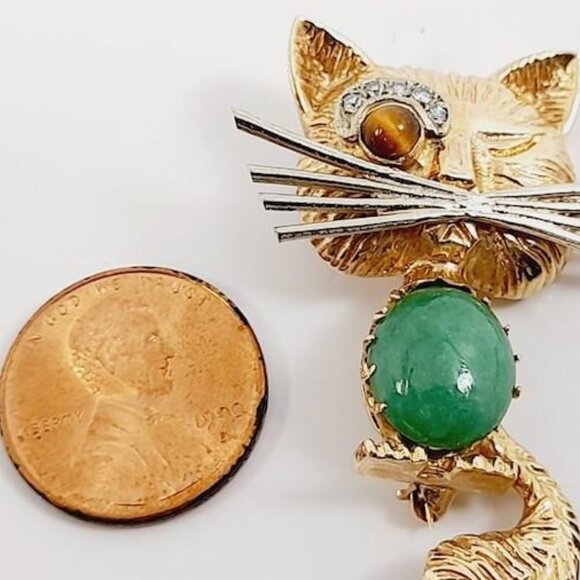 Vintage 14K Gold Winking Cat Pendant Brooch with Gemstones - Picture 12 of 14